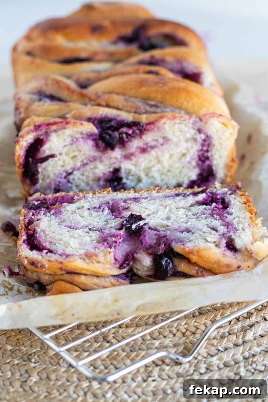 blueberry cream cheese babka loaf sliced