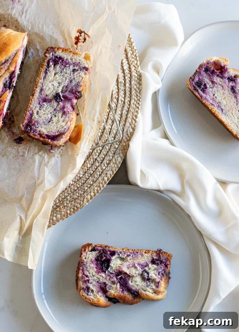 overhead picture of slices of blueberry cream cheese babka