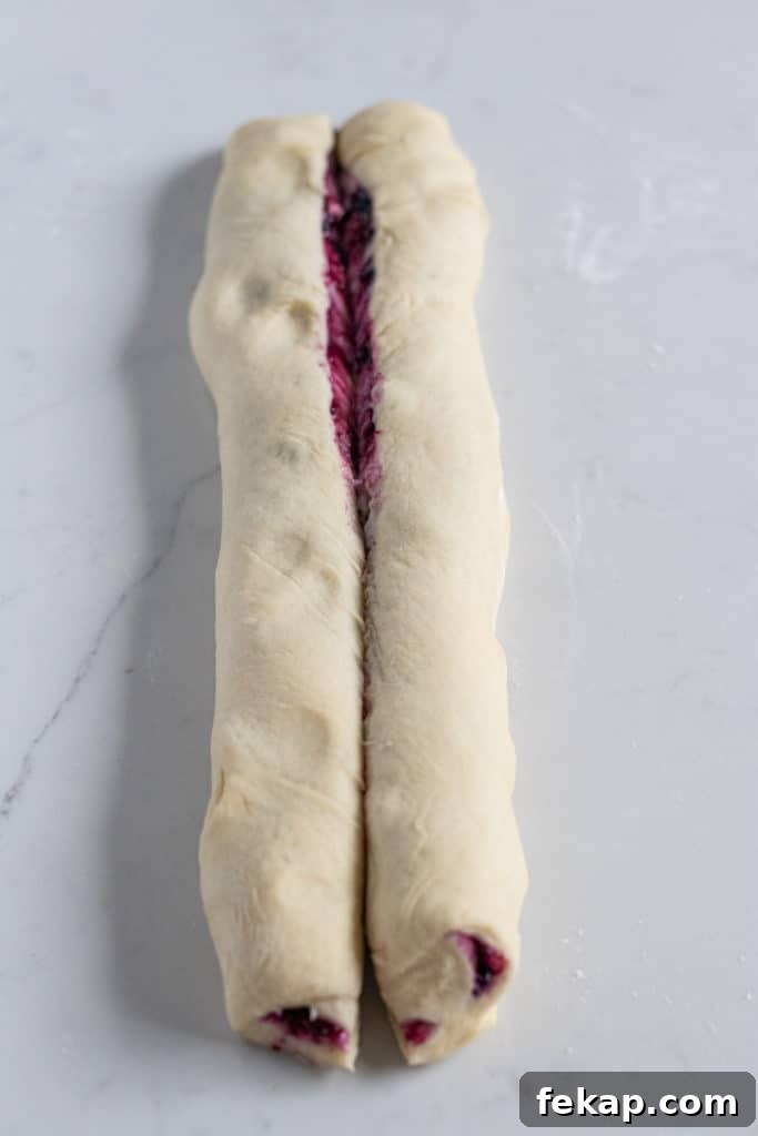 Rolled blueberry cream cheese babka dough cut in half