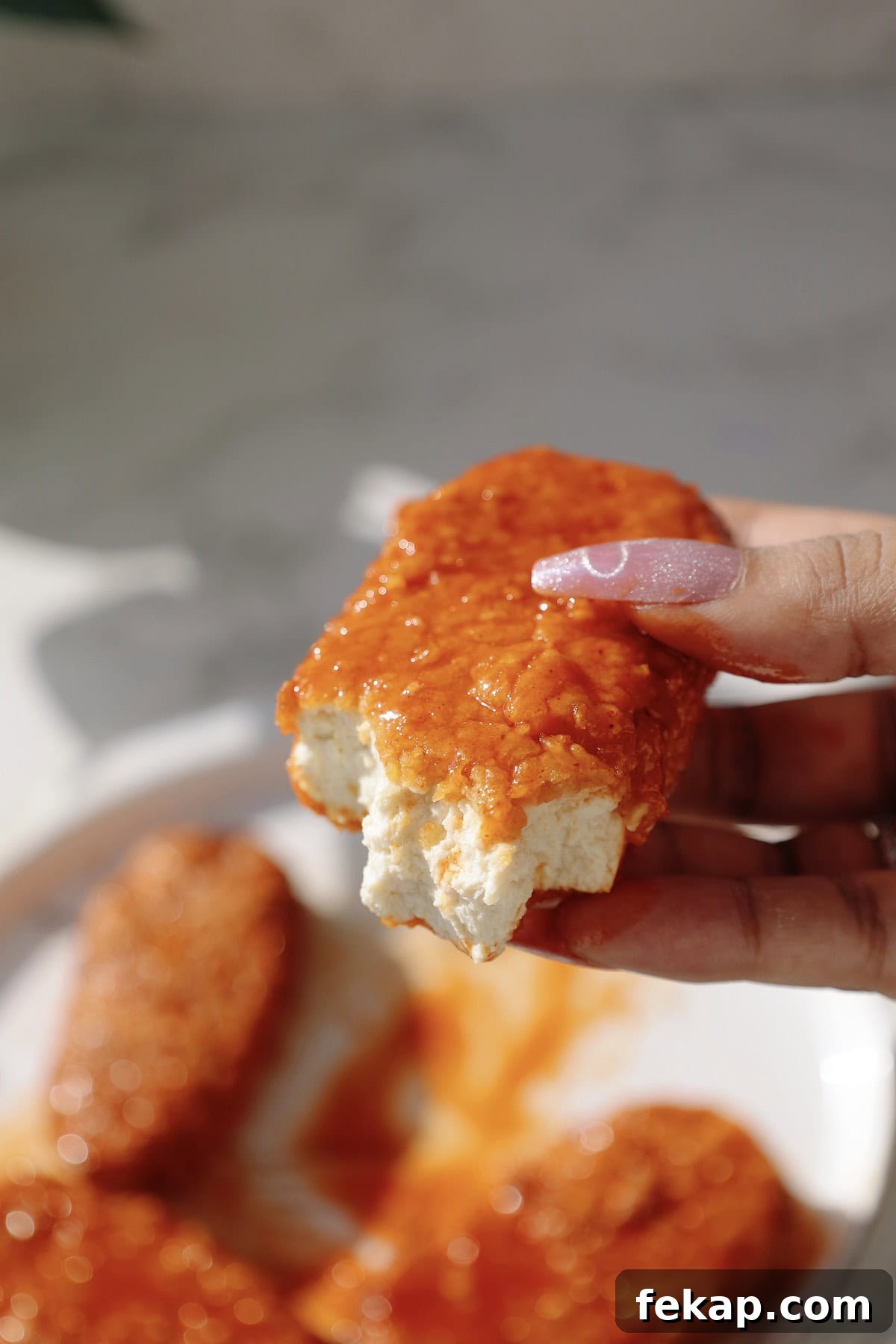 10 Tofu Recipes Meat Eaters Will Actually Love 5 Buffalo tofu tender being held in someone's hand with a bite taken out of it.