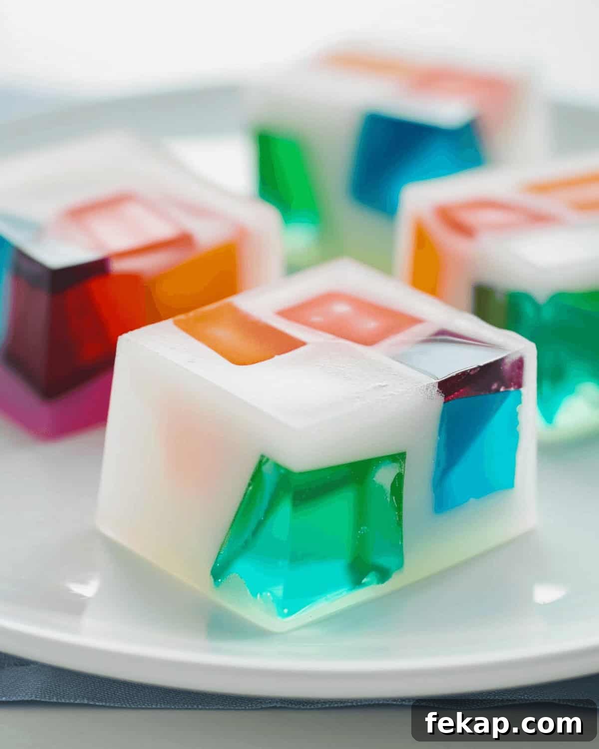 Mosaic Jello Recipe: Stained Glass Milk Jelly 2 A mosaic of colorful jelly cubes on a white plate.