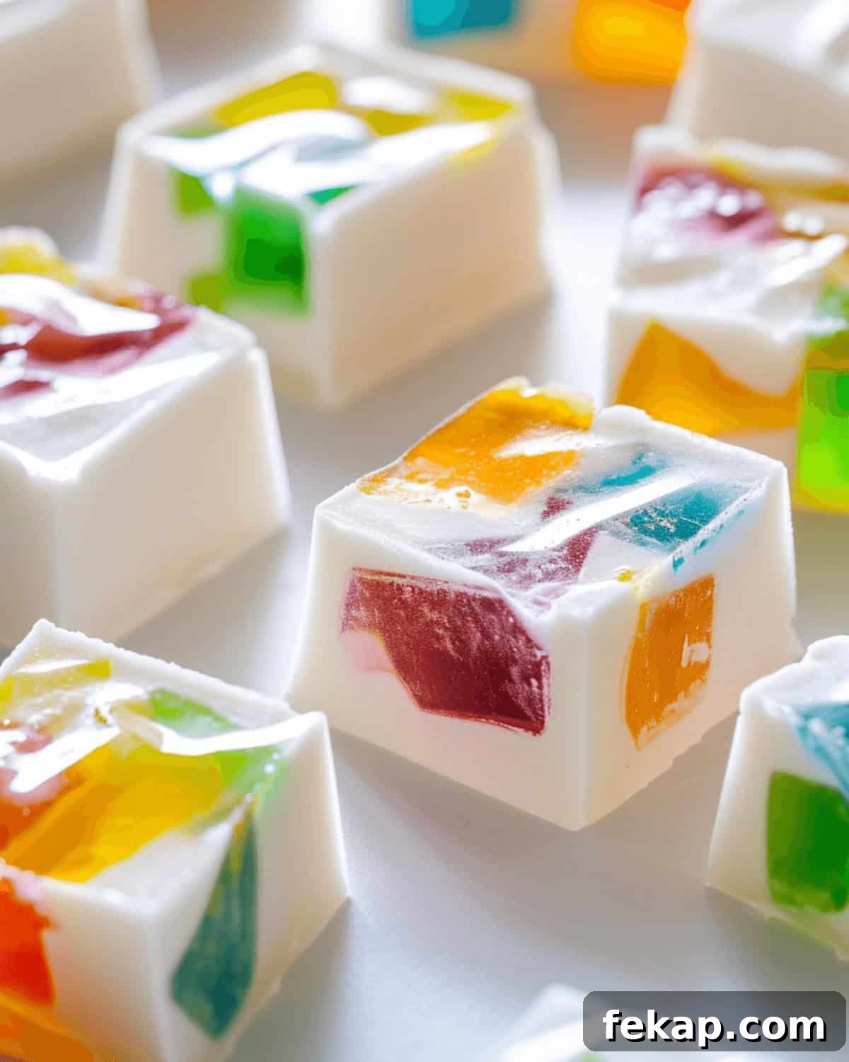Mosaic Jello Recipe: Stained Glass Milk Jelly 3 Mosaic-inspired gummy jello squares on a white surface.