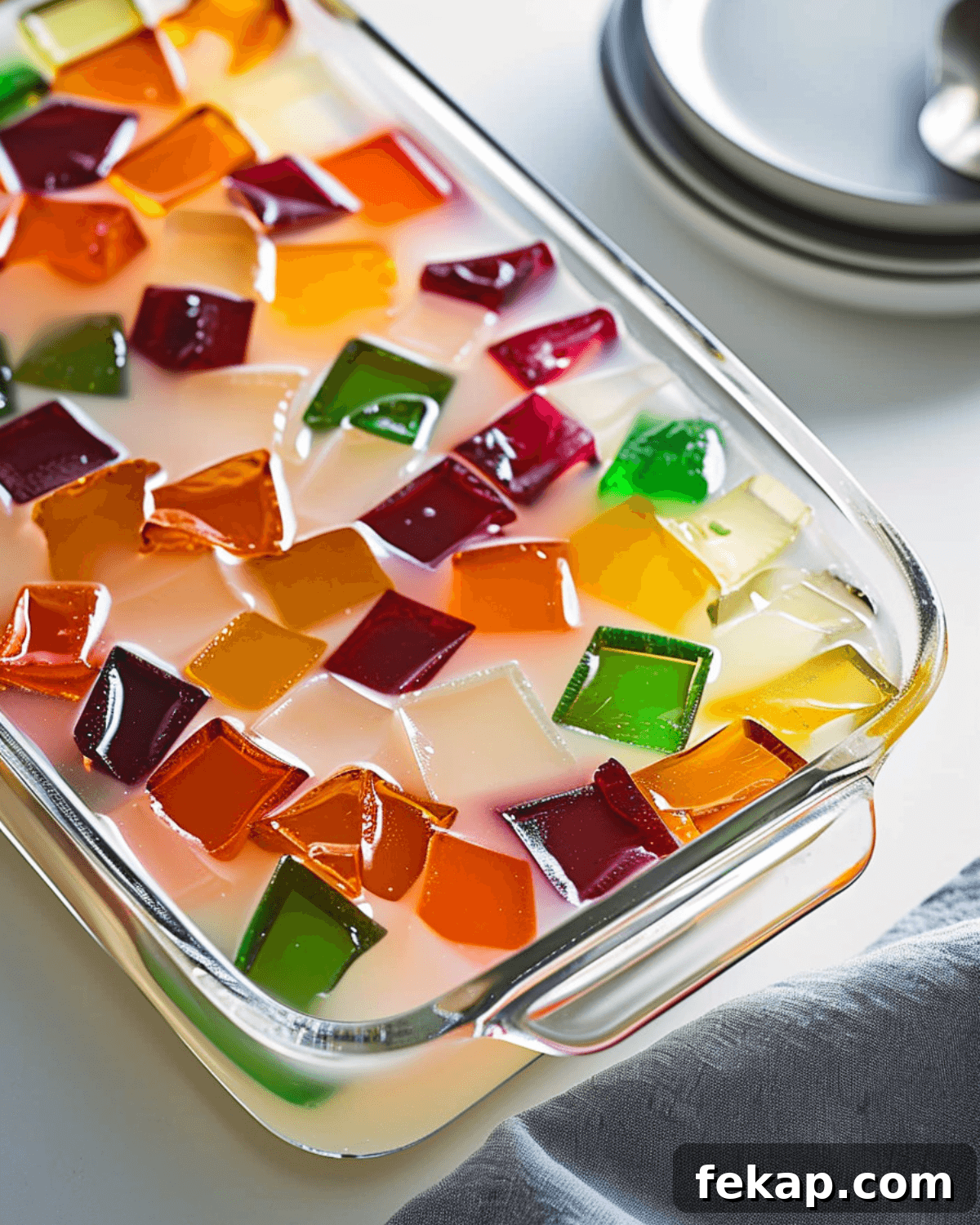 Mosaic Jello Recipe: Stained Glass Milk Jelly 6 Colorful cubes arranged in a glass dish.