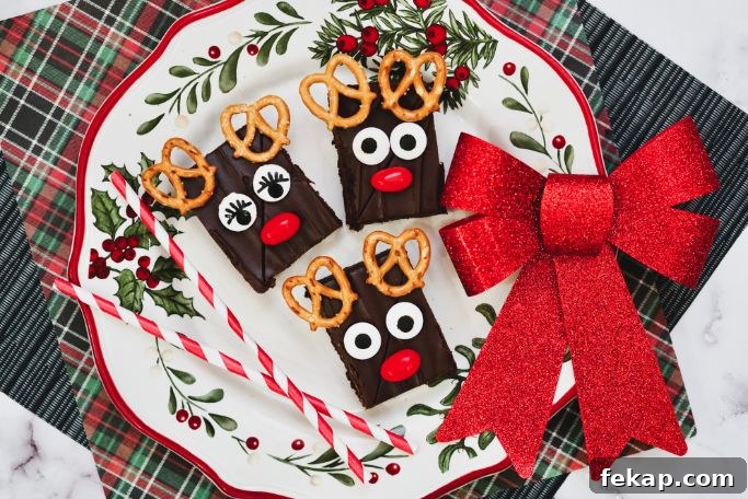 Festive Reindeer Brownies Recipe for Christmas Parties 2 closeup of reindeer brownies on a holiday platter and plaid background