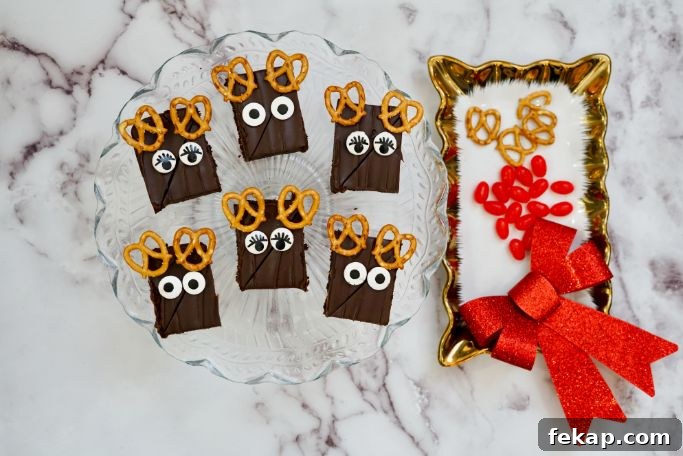 Festive Reindeer Brownies Recipe for Christmas Parties 7 candy eyes have been placed on the Rudolph brownies