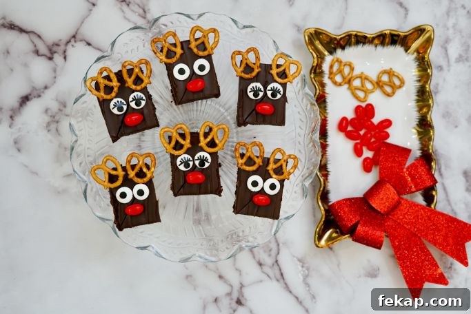 Festive Reindeer Brownies Recipe for Christmas Parties 8 jellybean noses added to brownies