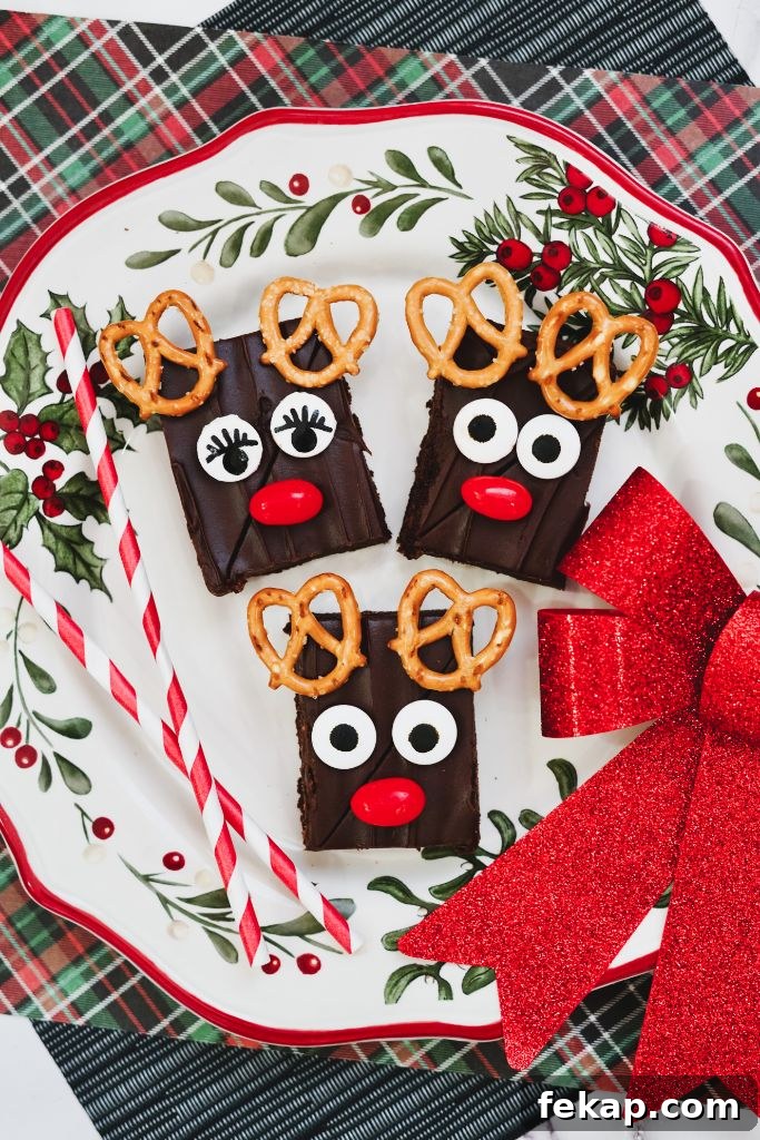 Festive Reindeer Brownies Recipe for Christmas Parties 3 closeup vertical shot of rudolph brownies on a holiday platter