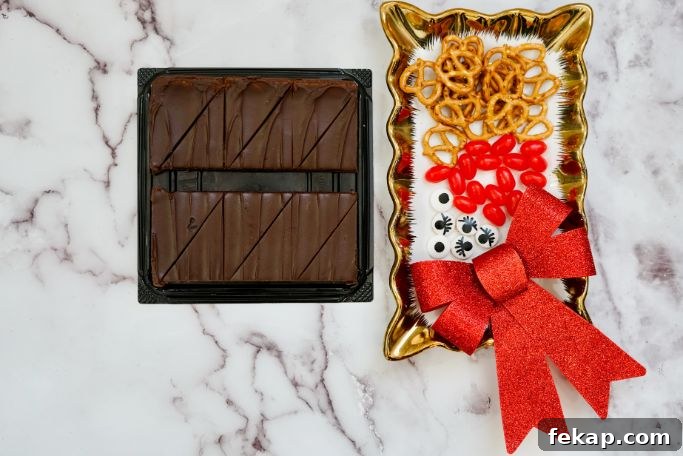Festive Reindeer Brownies Recipe for Christmas Parties 4 ingredients for reindeer brownies arranged on marble background