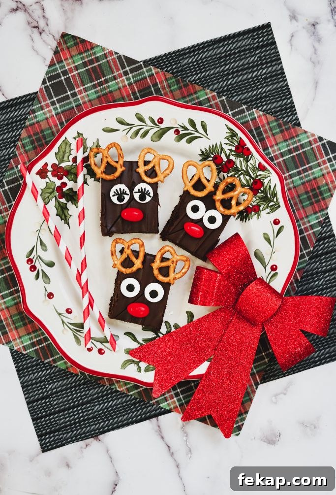 Festive Reindeer Brownies Recipe for Christmas Parties 5 Christmas brownies on holiday platter and plaid napkin