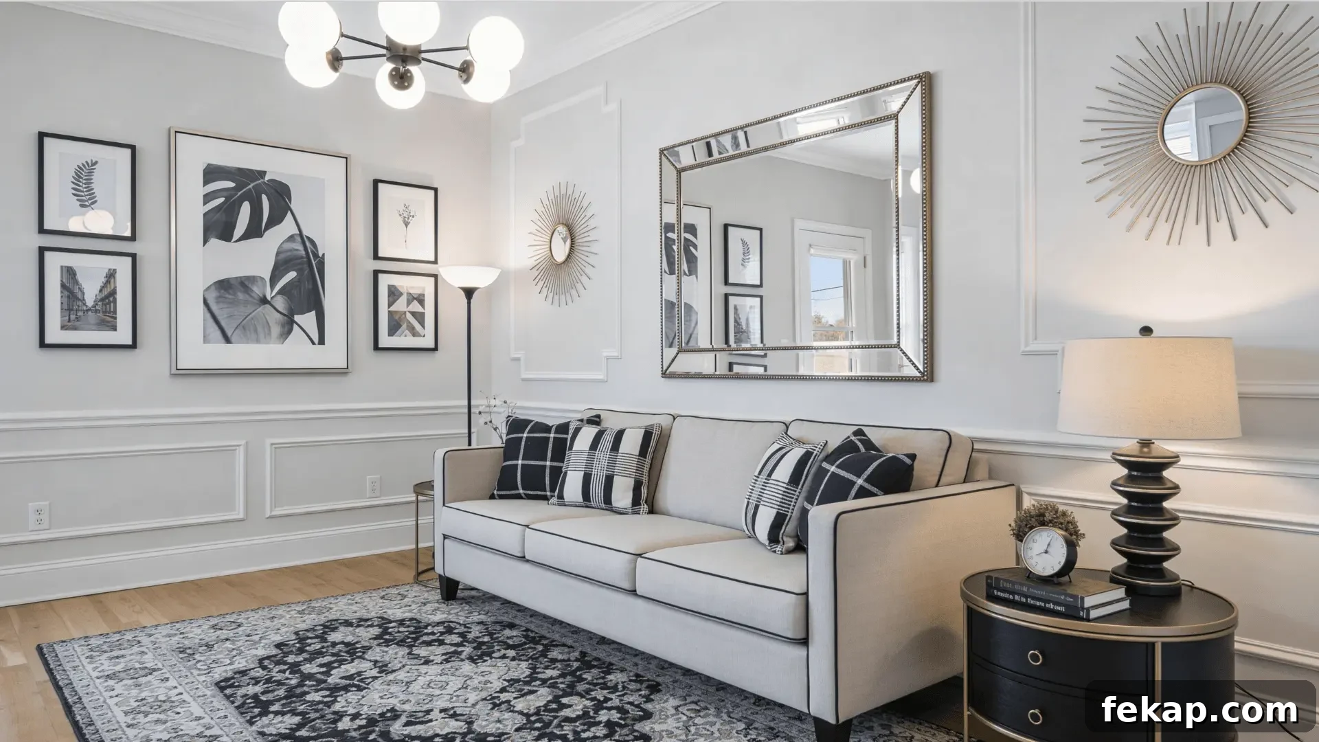What Is a Drawing Room? Origins, History and Roles 4 Drawing room with wall art mirror rug and lighting fixtures arranged in a clean and balanced interior setting
