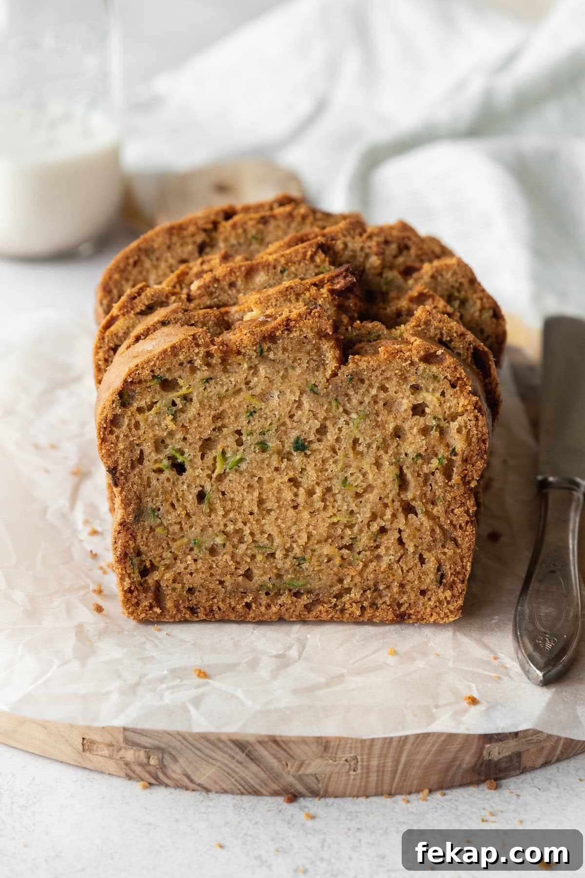 A sliced zucchini loaf on a piece of parchment paper, with a bottle of milk in the background.
