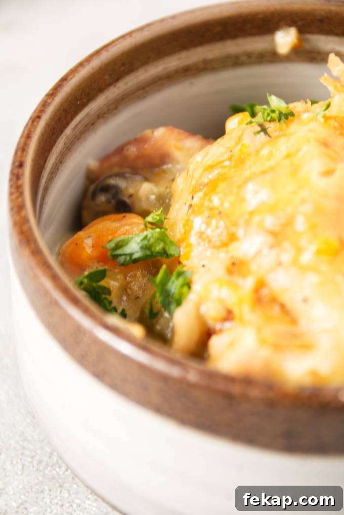Close up of turkey pot pie in a ceramic dish