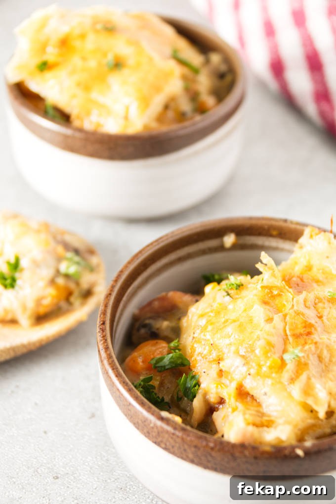 Ninja foodi turkey pot pie close up in dishes with a wooden spoon
