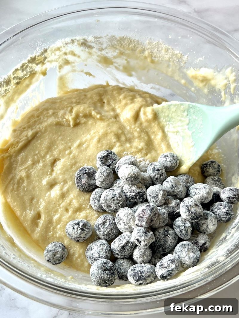 Blueberry Buckle Recipe with Fresh or Frozen Berries 8 Dry ingredients combined with wet ingredients, buttermilk, and frozen blueberries.