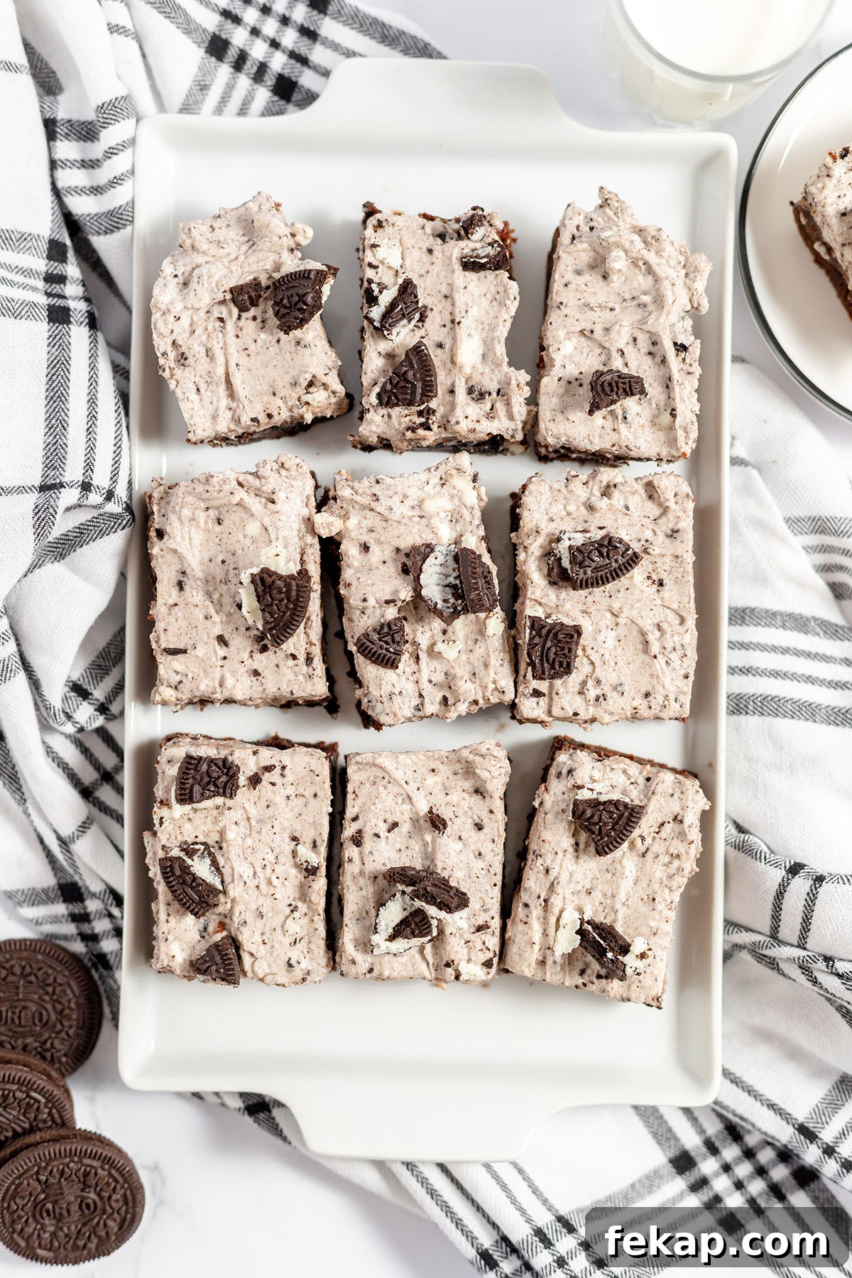 Cookies and cream brownies in a white serving platter.