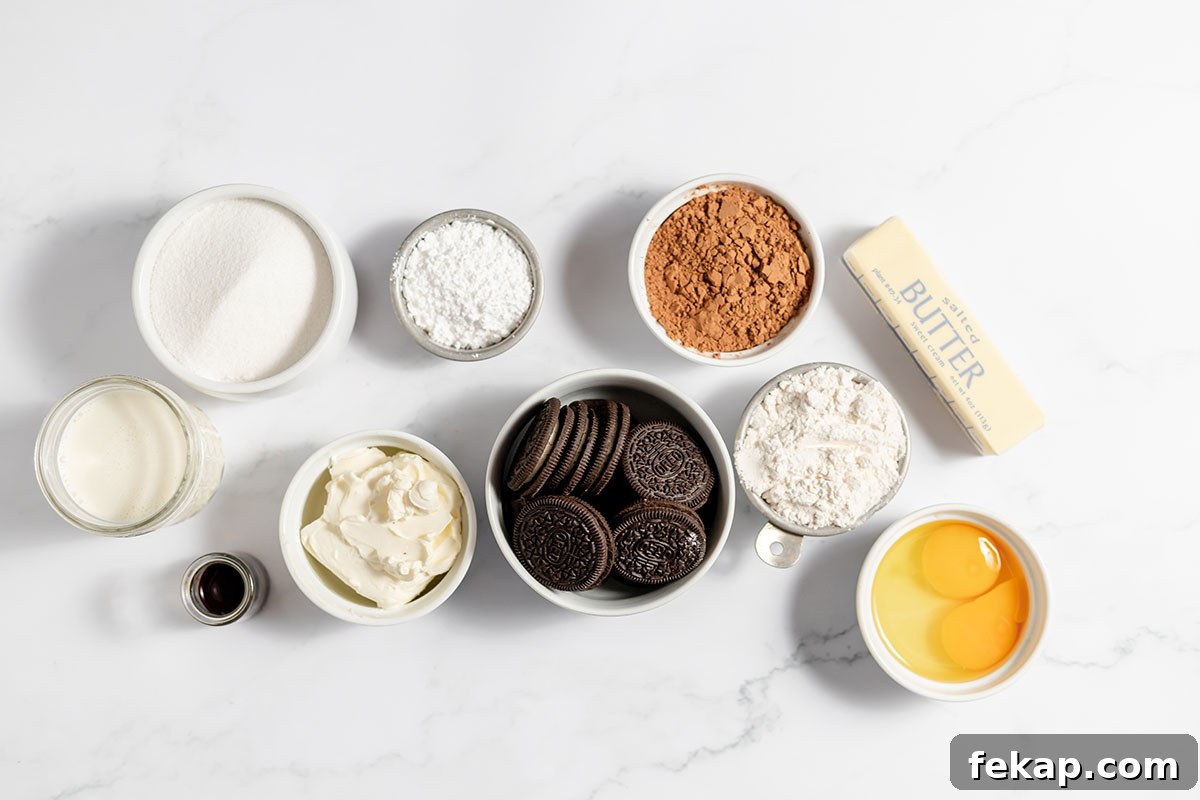 Ingredients to make cookies and cream brownies are set out on the counter.