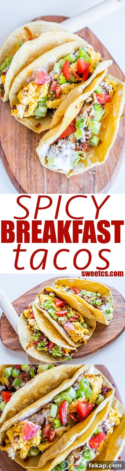 Chorizo Breakfast Tacos with Spicy Eggs 5 Spicy Egg and Chorizo Breakfast Tacos on a wooden cutting board