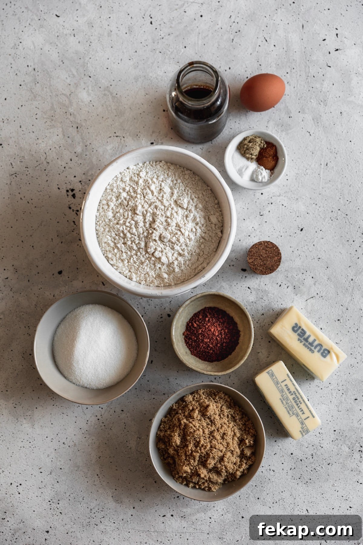Chewy Coffee Cookies Recipe with Rich Espresso Flavor 3 Various white bowls filled with baking ingredients on a grey speckled table next to two sticks of butter, an egg, and a bottle of vanilla.