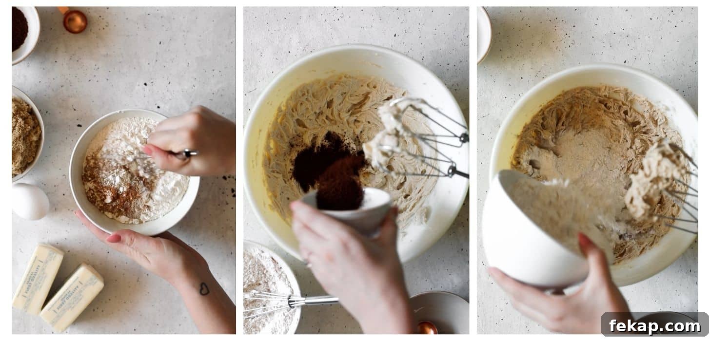 Chewy Coffee Cookies Recipe with Rich Espresso Flavor 4 Three steps to mixing dough. In photo 1, a hand uses a whisk to mix a white bowl of flour and spices. In photo 2, a hand is pouring espresso powder into a white bowl of butter and sugar. In photo 3, a hand is pouring a white bowl of flour in a white bowl of butter and sugar.