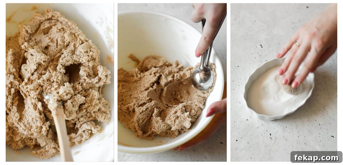 Chewy Coffee Cookies Recipe with Rich Espresso Flavor 5 Three steps to baking cookies. In photo 1, a white bowl is full of dough. In photo 2, a hand uses a scoop to scoop cookie dough. In photo 3, a hand rolls cookie dough in sugar.