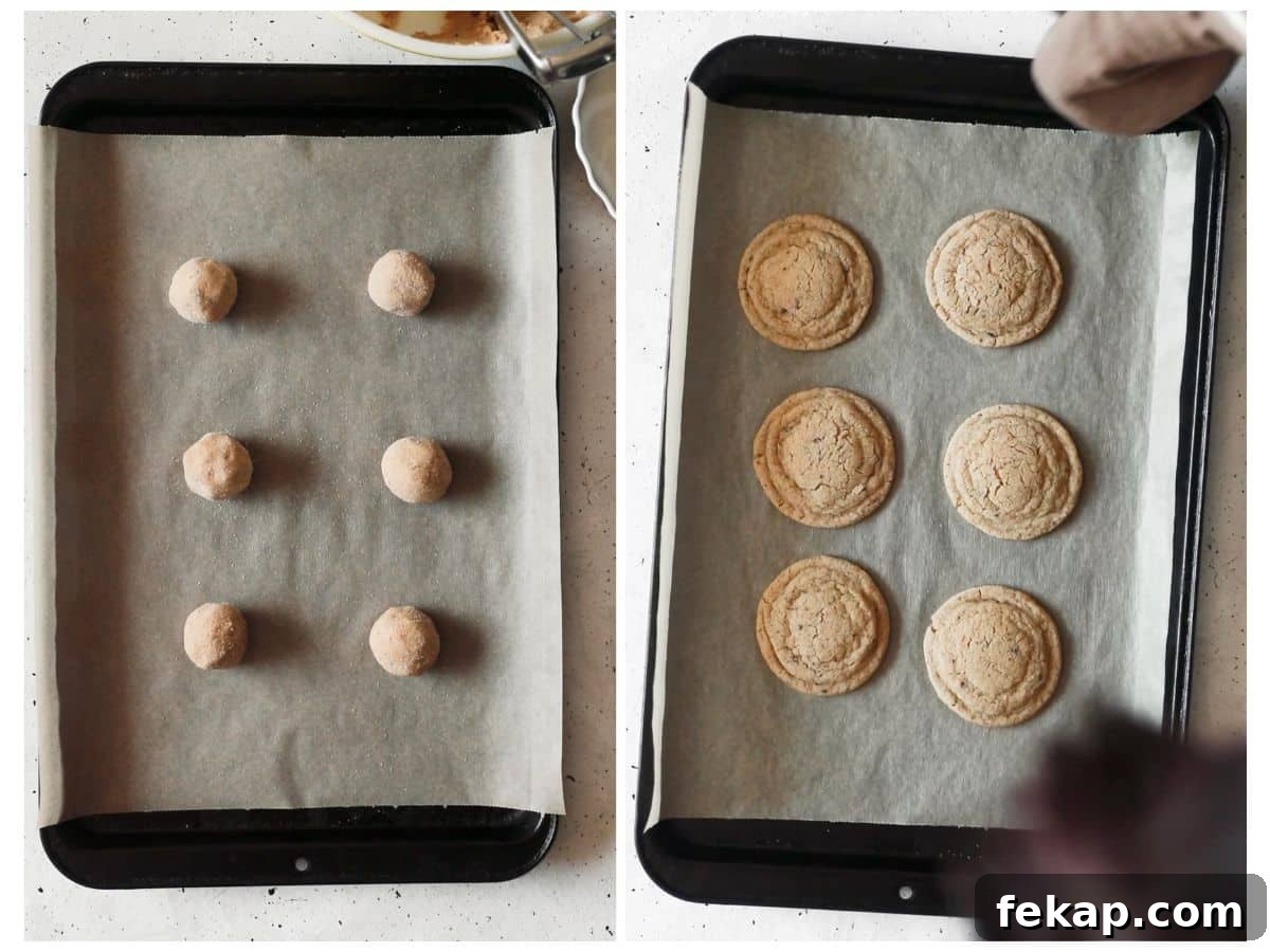 Chewy Coffee Cookies Recipe with Rich Espresso Flavor 6 Two steps to baking coffee cookies. In photo 1, cookie dough balls are on a sheet pan. In photo 2, hands are gripping a pan of cookies.