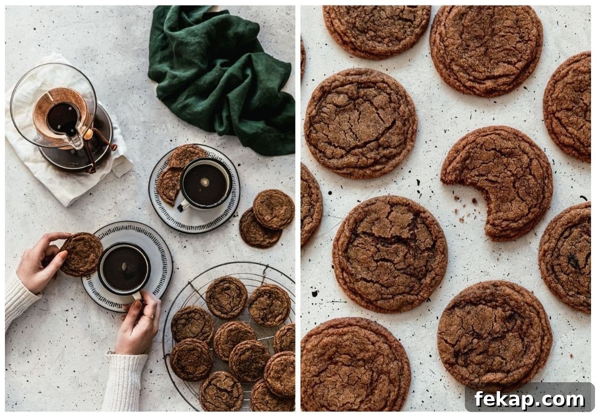 Chewy Coffee Cookies Recipe with Rich Espresso Flavor 7 Two overhead images; on the left a woman's hands are grabbing a white cup of coffee and a cookie on a white and black plate placed on a speckled gray table next to another cup of coffee, Chemex, tray of coffee cookies, and dark green linen. On the right, rows of cookies with one cookie that has a bite taken out of it.