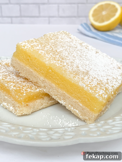 Easy classic Lemon Bars photographed on a plate, shortbread crust with lemon filling
