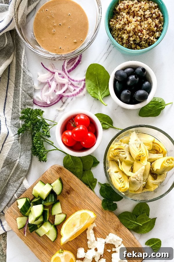 Mediterranean Quinoa Bowls with Maple Tahini Dressing Recipe 3 ingredients for Greek inspired vegetarian lunch or dinner
