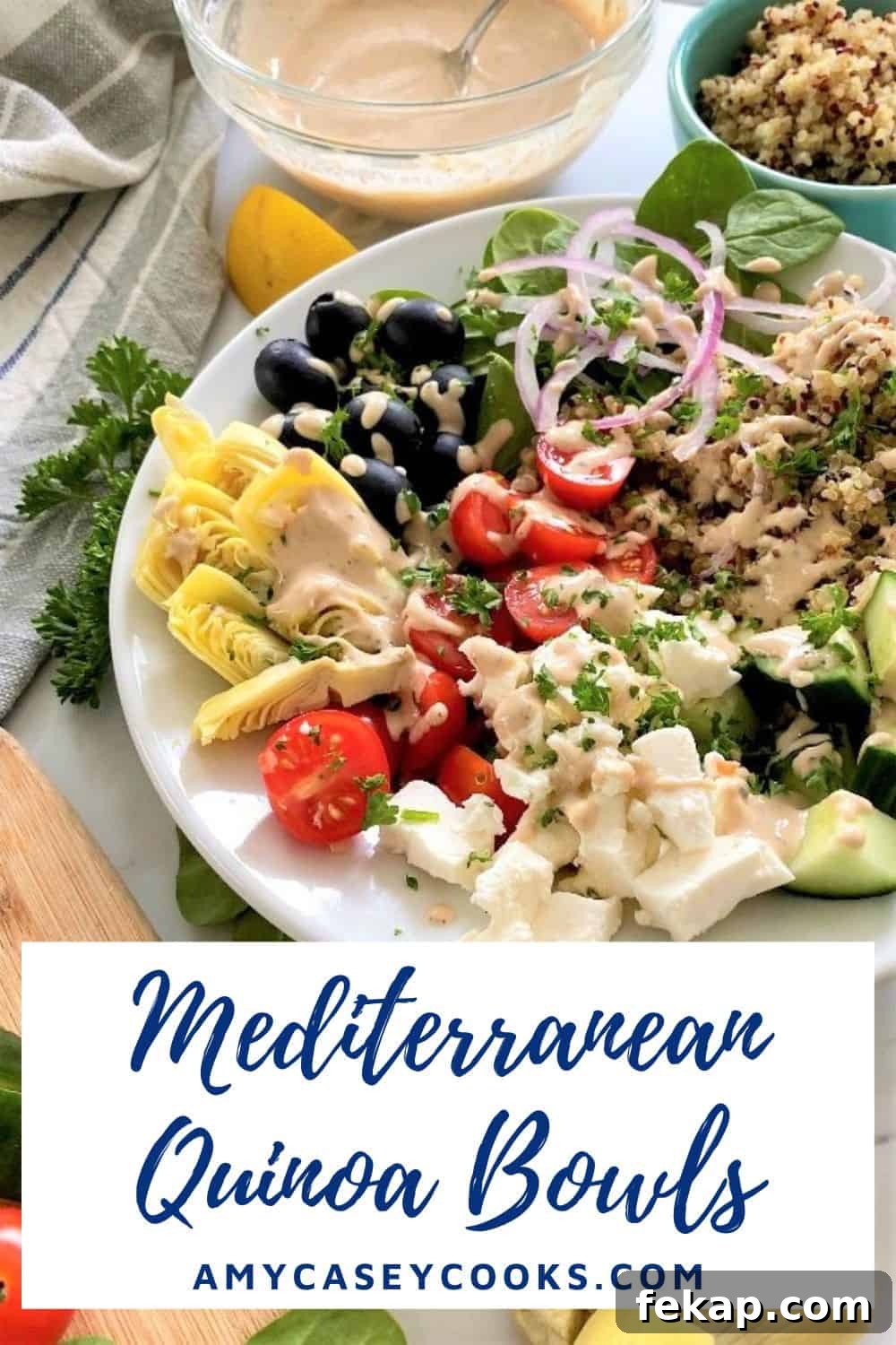 Mediterranean Quinoa Bowls with Maple Tahini Dressing Recipe 6 quinoa bowl with artichokes, spinach, tomatoes