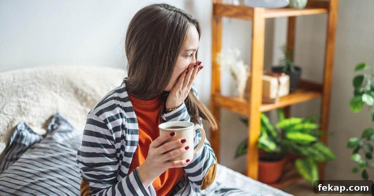 yawning mom with coffee
