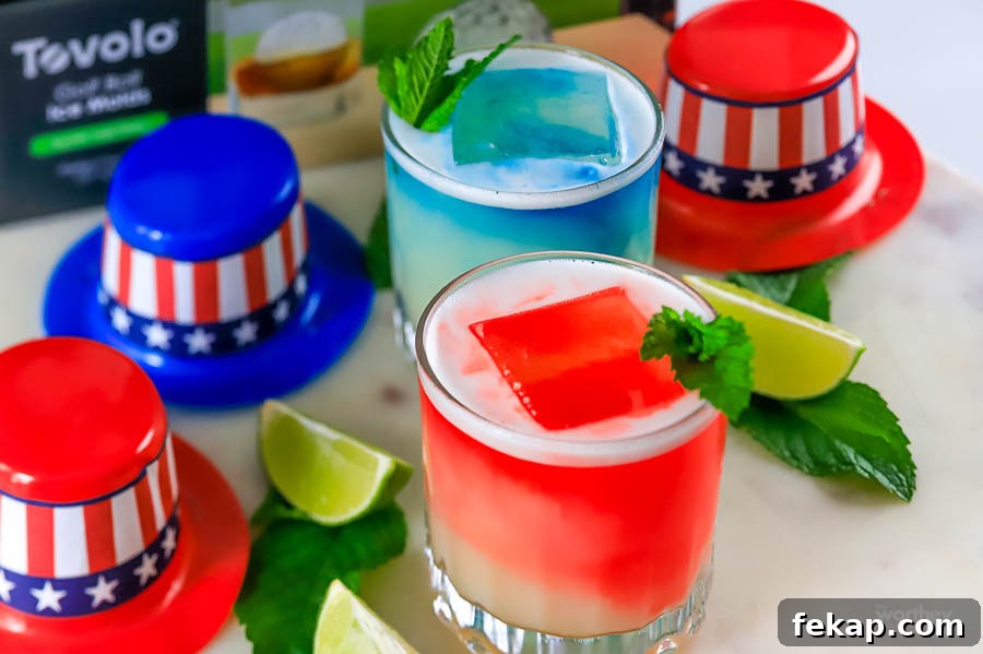 red, white and blue cocktails with tequila