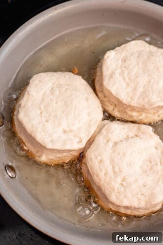 Mini Boston Cream Pies, Southern-Style 4 Biscuits cooking in oil