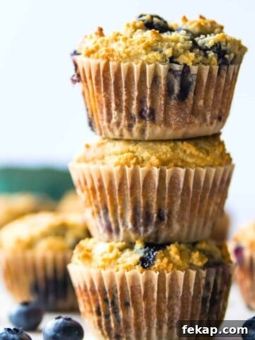 Banana Protein Muffins: 12g Protein Per Muffin 6 A stack of three paleo lemon blueberry muffins.