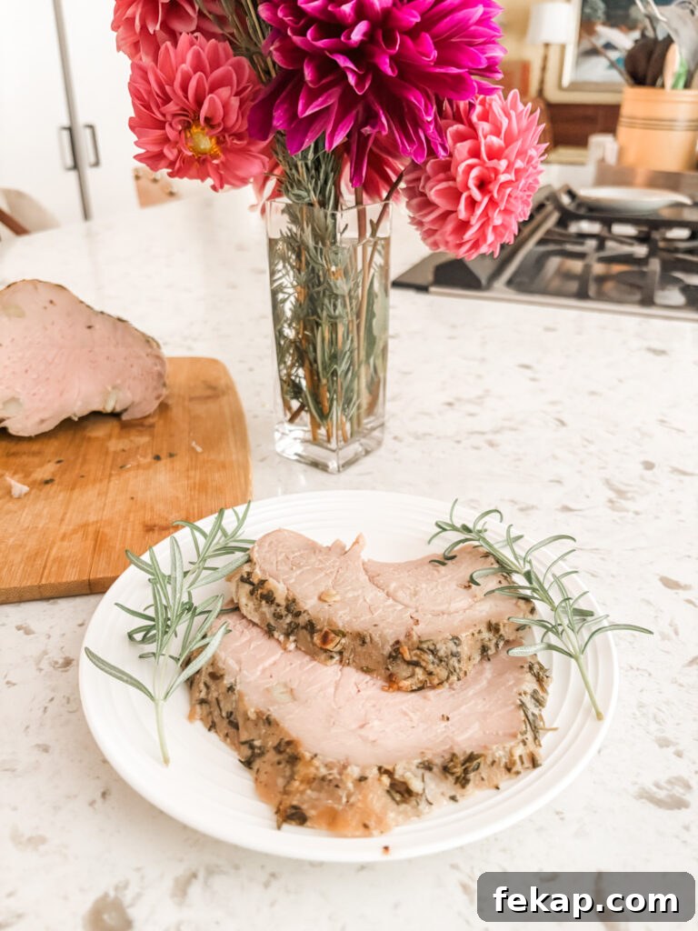 Herb-Rubbed Pork Sirloin Roast Recipe 2 Two slices of the finished easy Pork Sirloin Roast