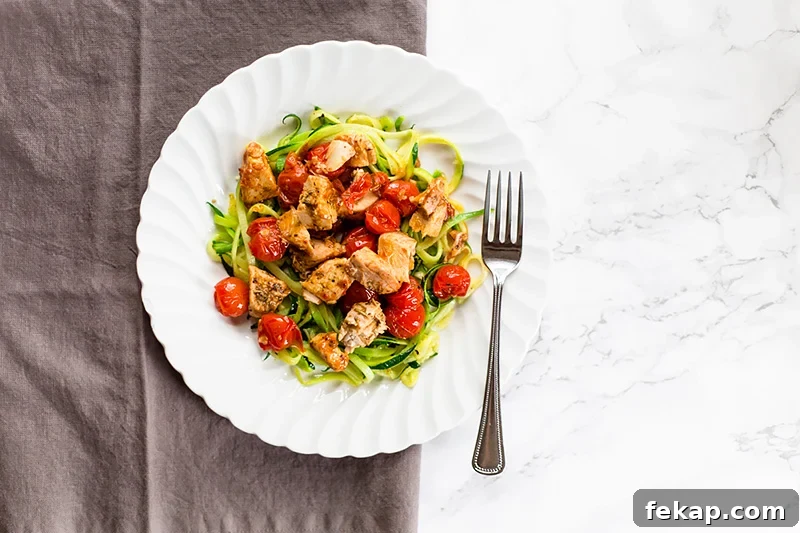whole30 Tomato Chicken Pasta with zucchini noodles