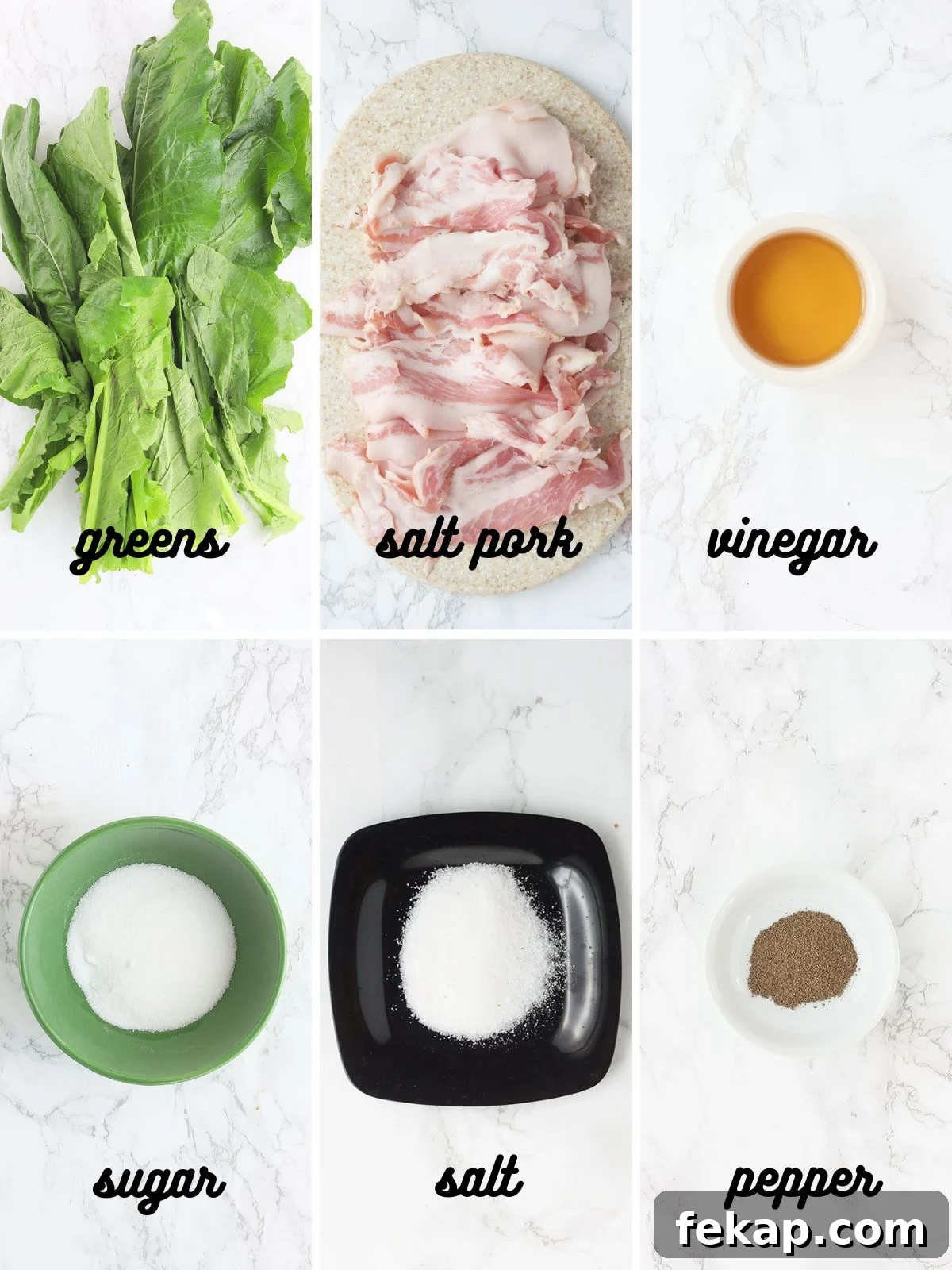 How to Make Southern Turnip Greens 3 Collage of ingredients needed to make turnip greens recipe.