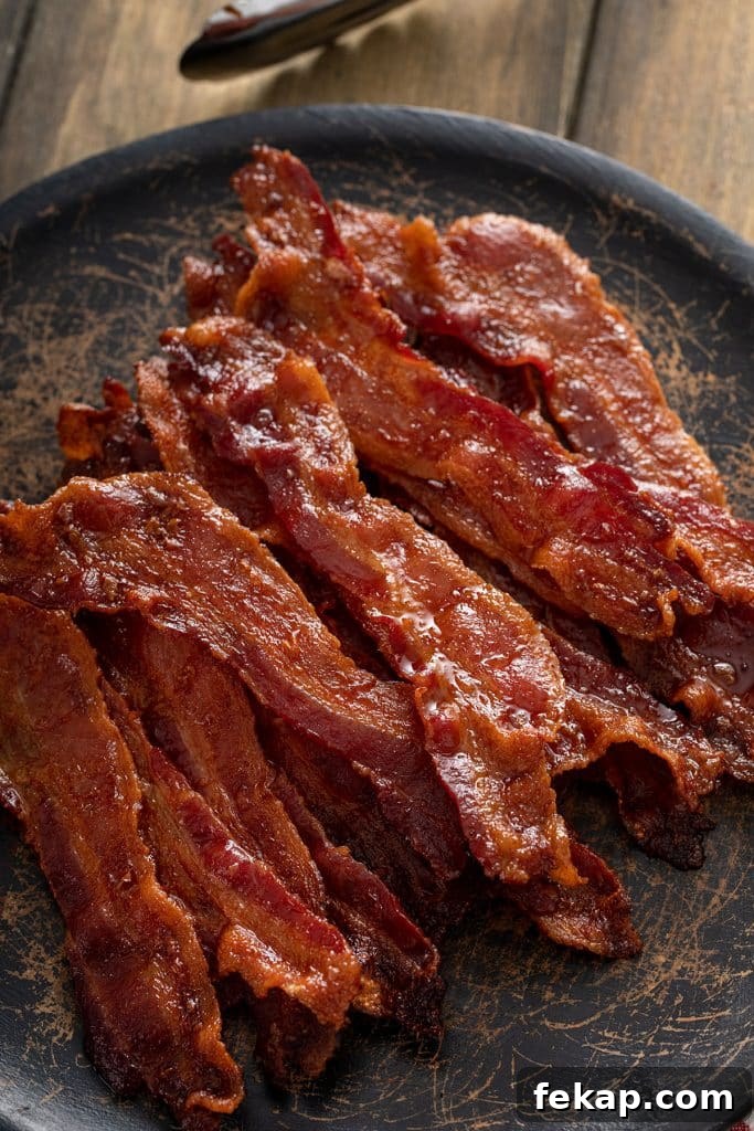 Crispy Oven-Baked Bacon: Perfectly Roasted Every Time 3 Crisp bacon slices on a black plate.
