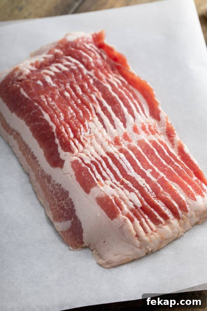 Crispy Oven-Baked Bacon: Perfectly Roasted Every Time 4 Raw bacon slices on parchment paper