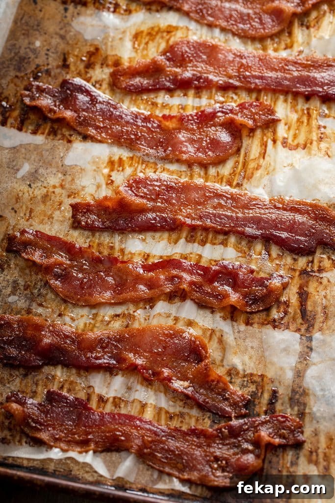 Crispy Oven-Baked Bacon: Perfectly Roasted Every Time 6 Crispy bacon on a parchment lined baking sheet