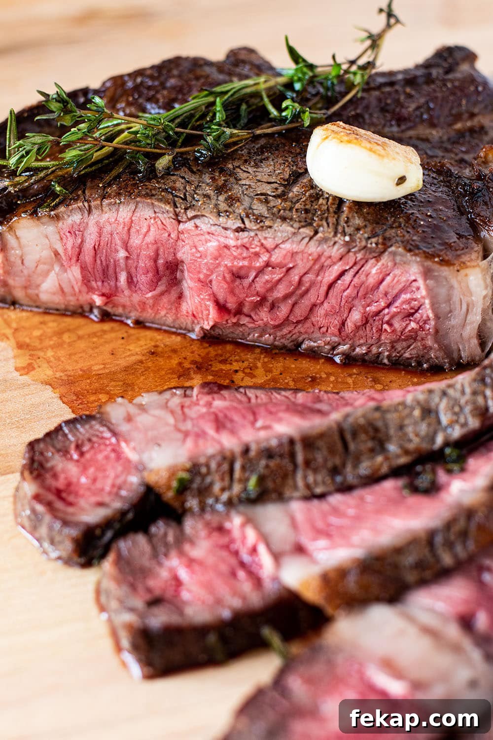 Reverse Sear Steak: Perfect Crust and Juicy Center 2 Medium rare bone-in ribeye steak sliced in half revealing a juicy red center.
