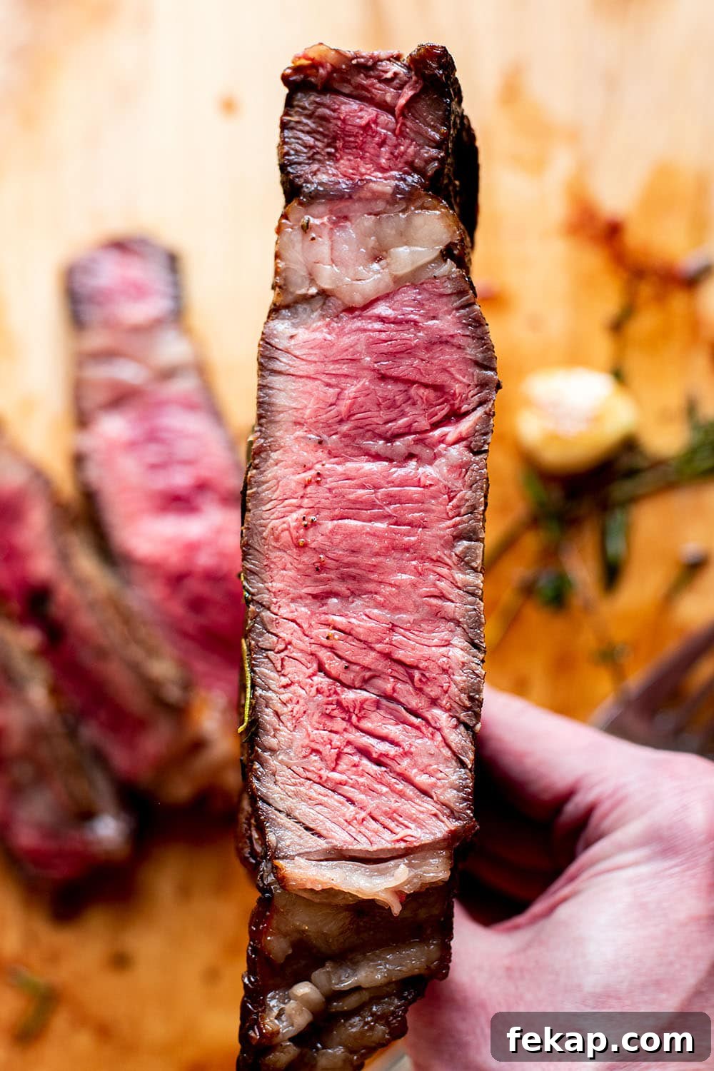 Reverse Sear Steak: Perfect Crust and Juicy Center 7 Cowboy steak sliced in half prepared medium rare with a red center.