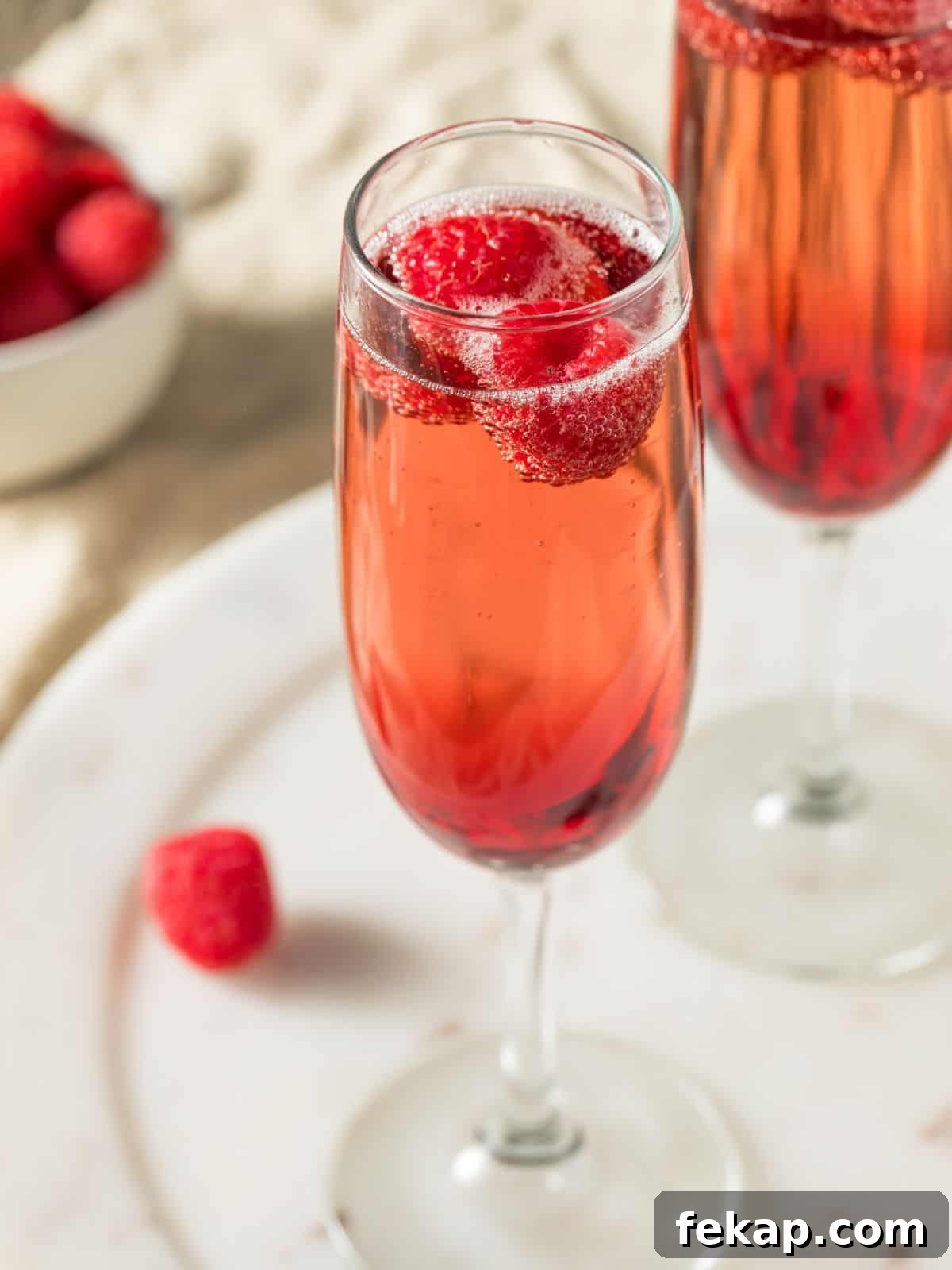 Kir royale cocktail with raspberries.