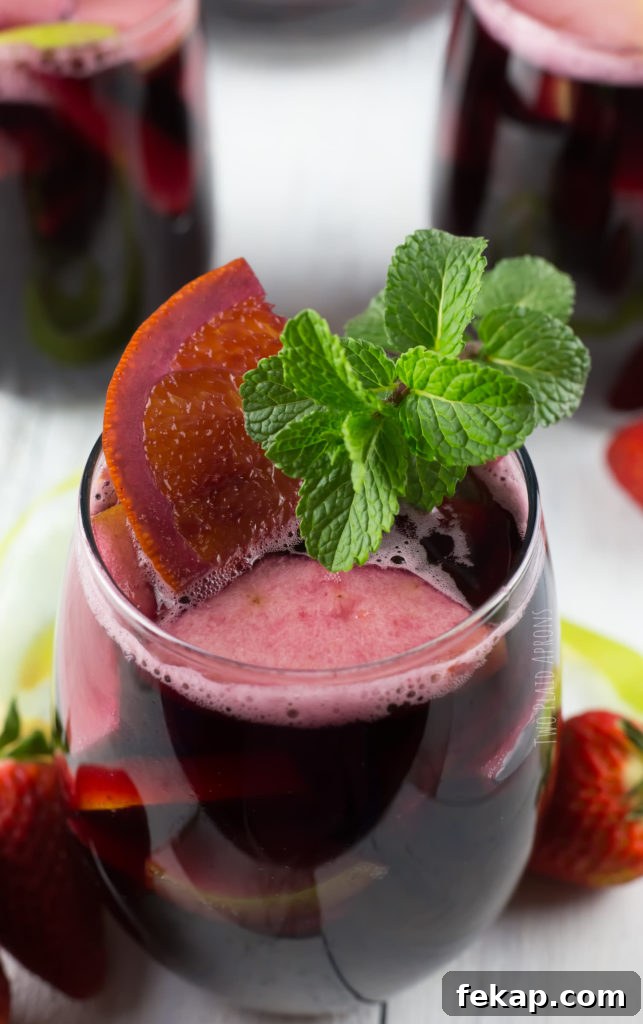 Up close view of red wine sangria in a bowl