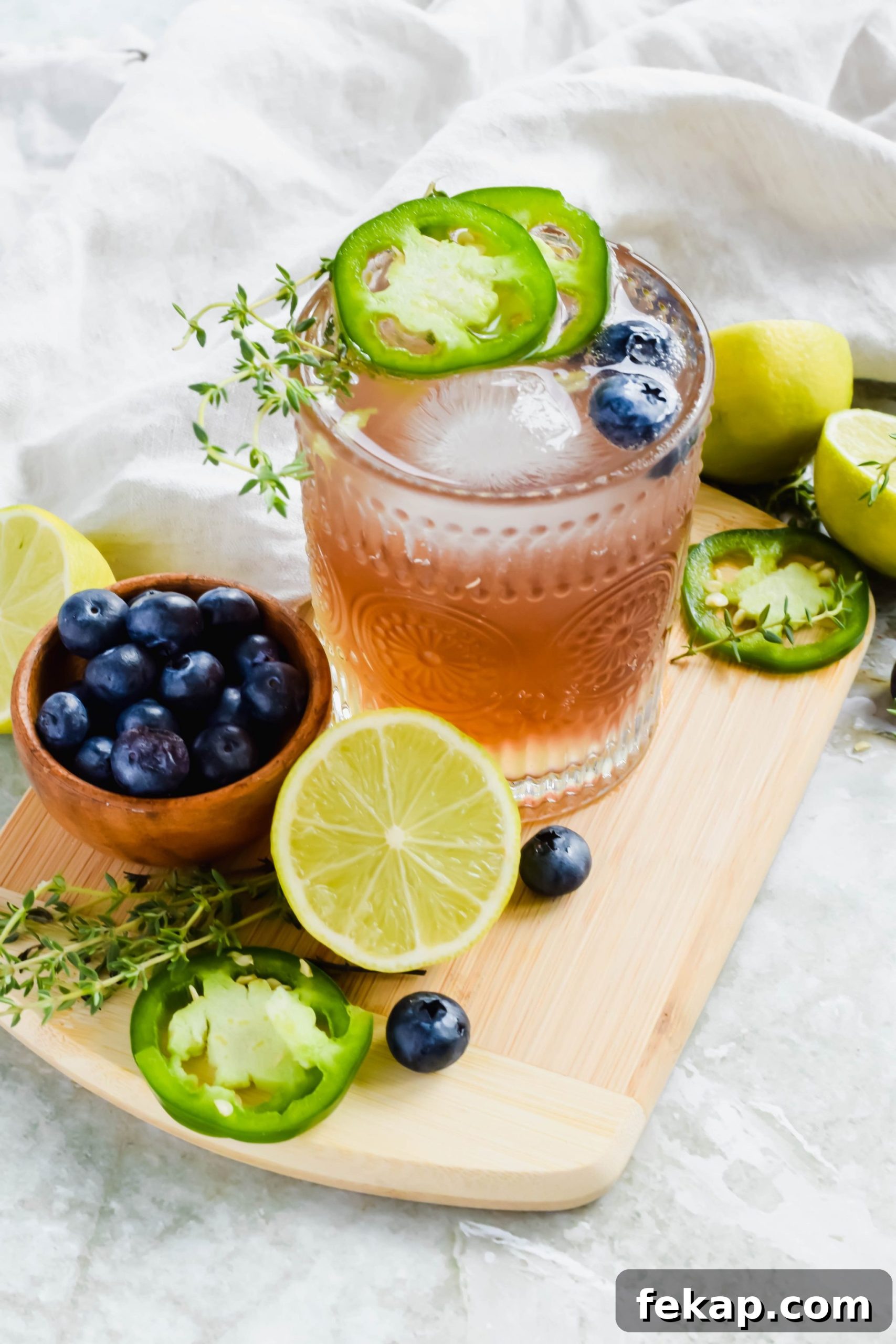 Blueberry Texas Ranch Water Cocktail Recipe 5 blueberry texas ranch water in cocktail glass garnished with jalapeño slices and fresh blueberries.
