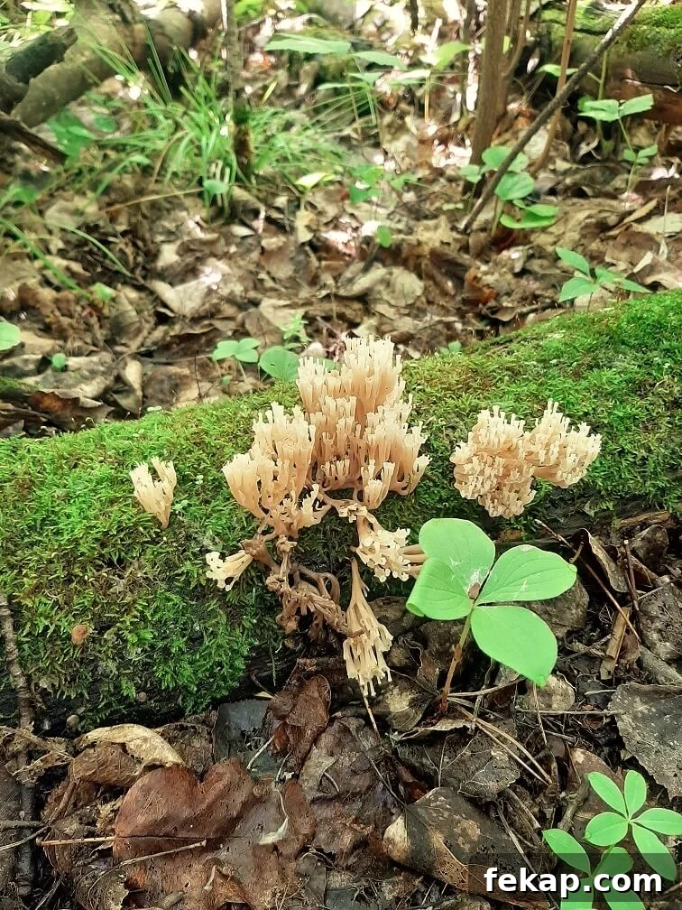 How to Identify and Cook Coral Mushrooms 2 delicate little coral mushrooms poking out of a mossy dead log