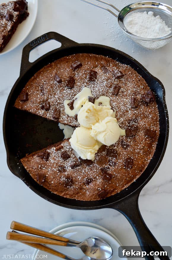 Fudgy Chocolate Brownies Recipe 19 A cast-iron skillet brownie topped with ice cream and confectioners' sugar