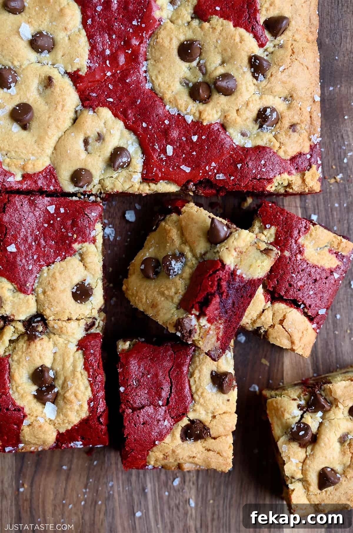 Fudgy Chocolate Brownies Recipe 21 Sliced red velvet brookies studded with chocolate chips and sprinkled with large-flake sea salt.