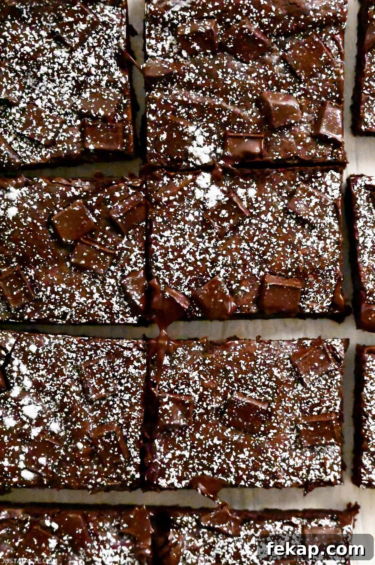 Fudgy Chocolate Brownies Recipe 22 Brownies cut into perfect rectangles and dusted with powdered sugar.