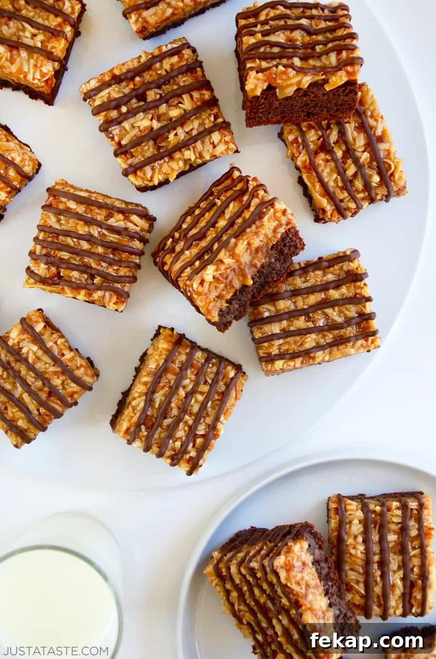 Fudgy Chocolate Brownies Recipe 5 A top-down view of Samoas Coconut Caramel Brownies on a white serving plate.