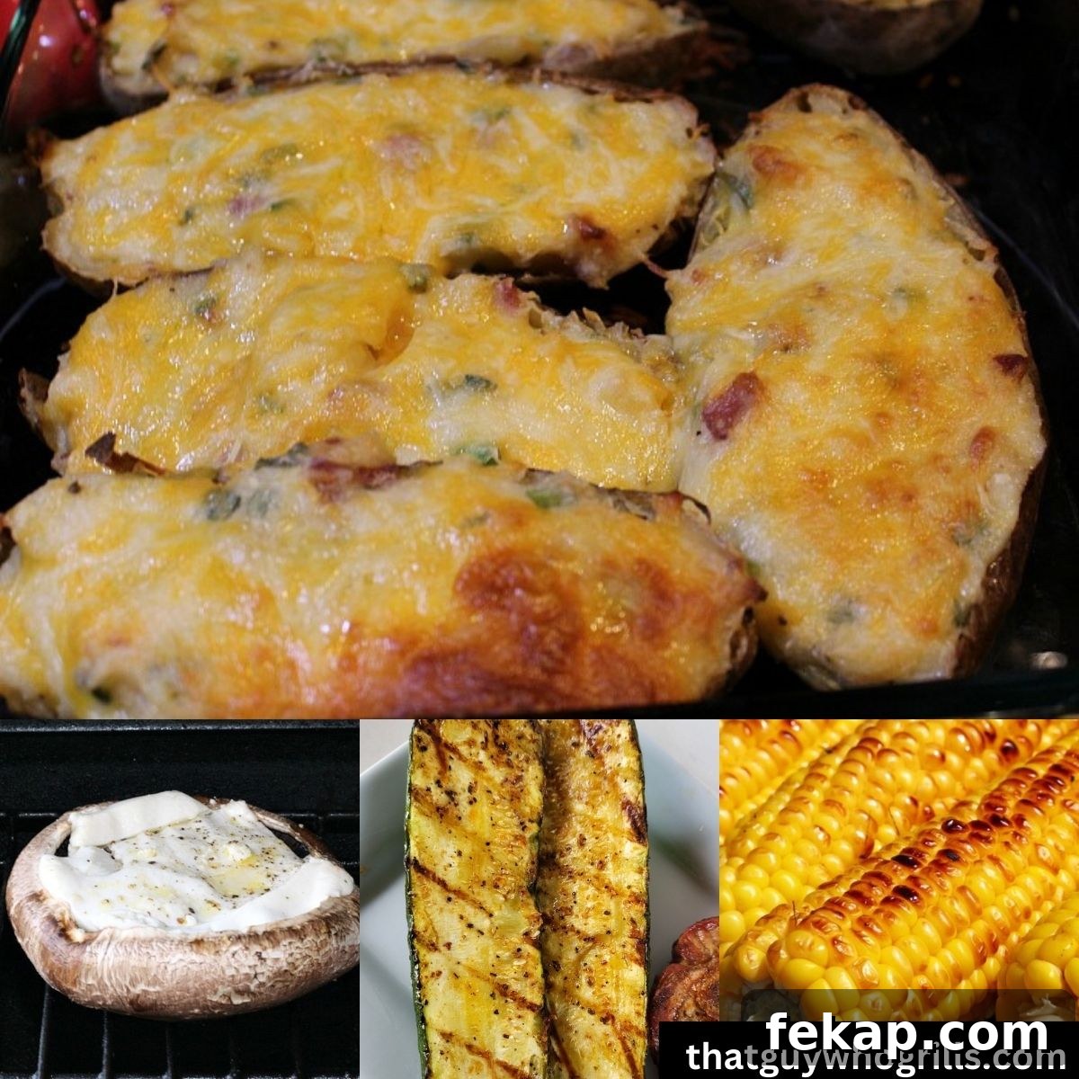Collage with grilled twice baked potatoes, cheese stuffed mushrooms, grilled zucchini, and grilled corn on the cob 